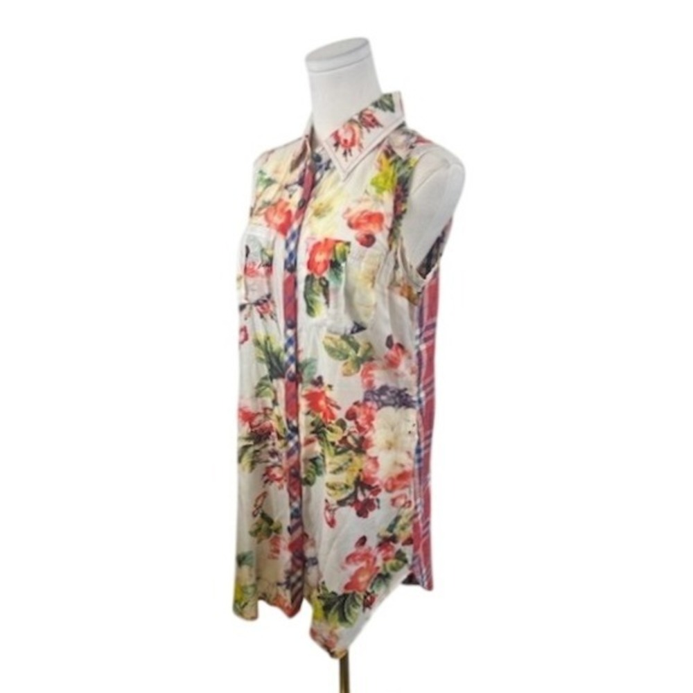 Cyrena Floral Print Sleeveless Button Down Shirt Tunic Dress Casual‎ Size Small
